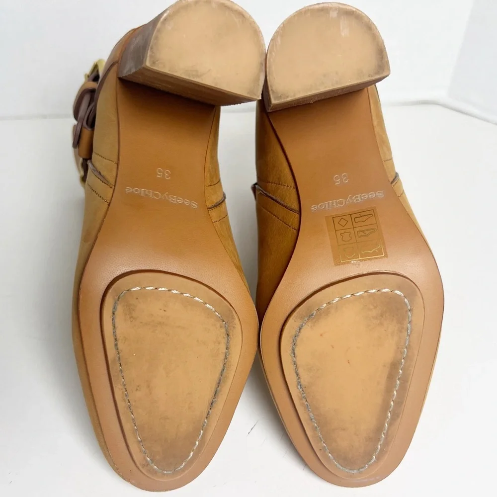 •SEE BY CHLOE• Janis Heeled Bootie in Brown Leather Gold Studded Size EU 35/US 5